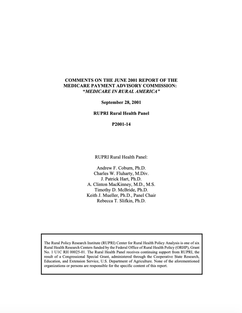 Comments on the June 2001 Report of the Medicare Payment Advisory Commission: Medicare in Rural America (Cover Image)