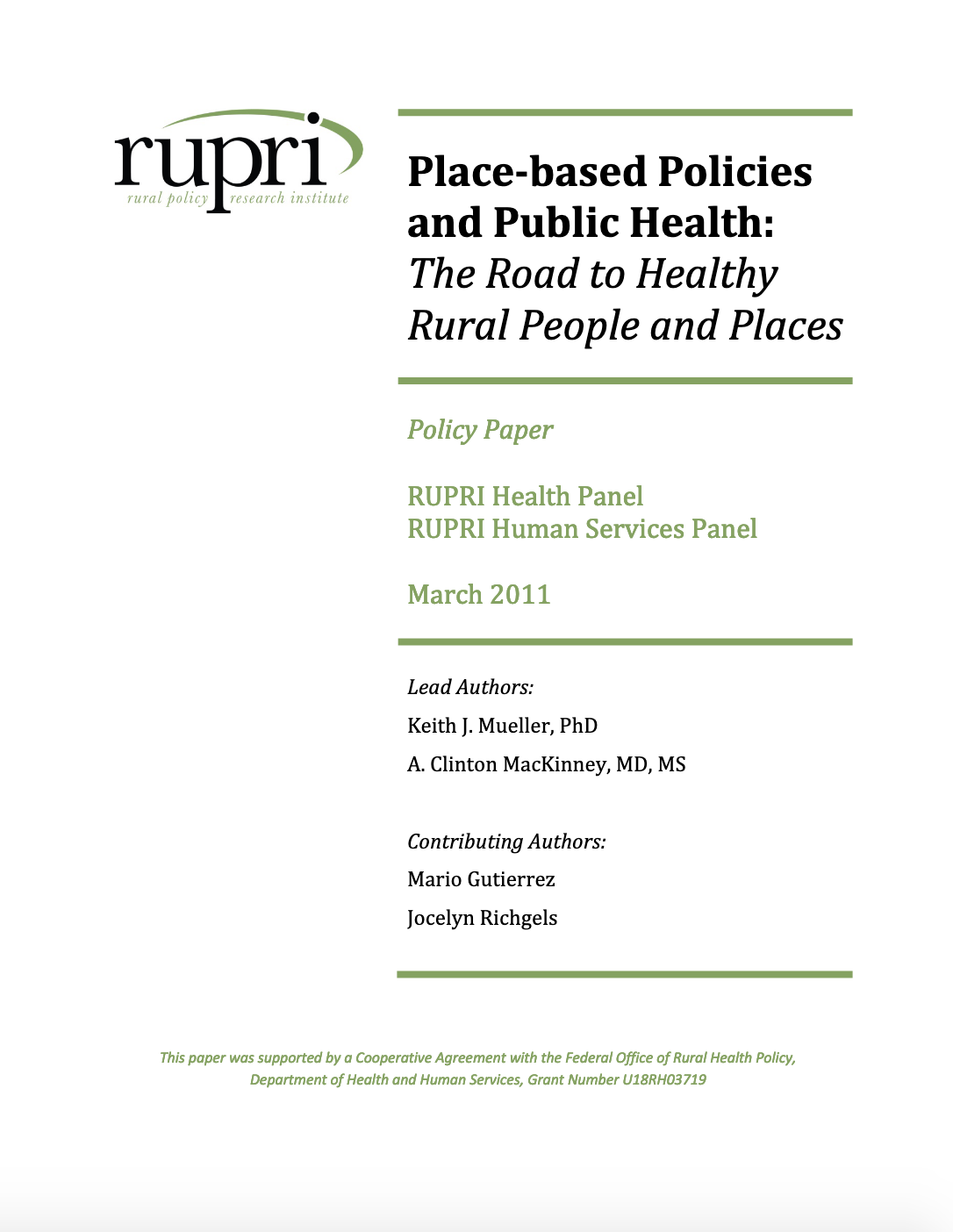 Place-based Policies and Public Health: The Road to Healthy Rural People and Places (Cover Image)